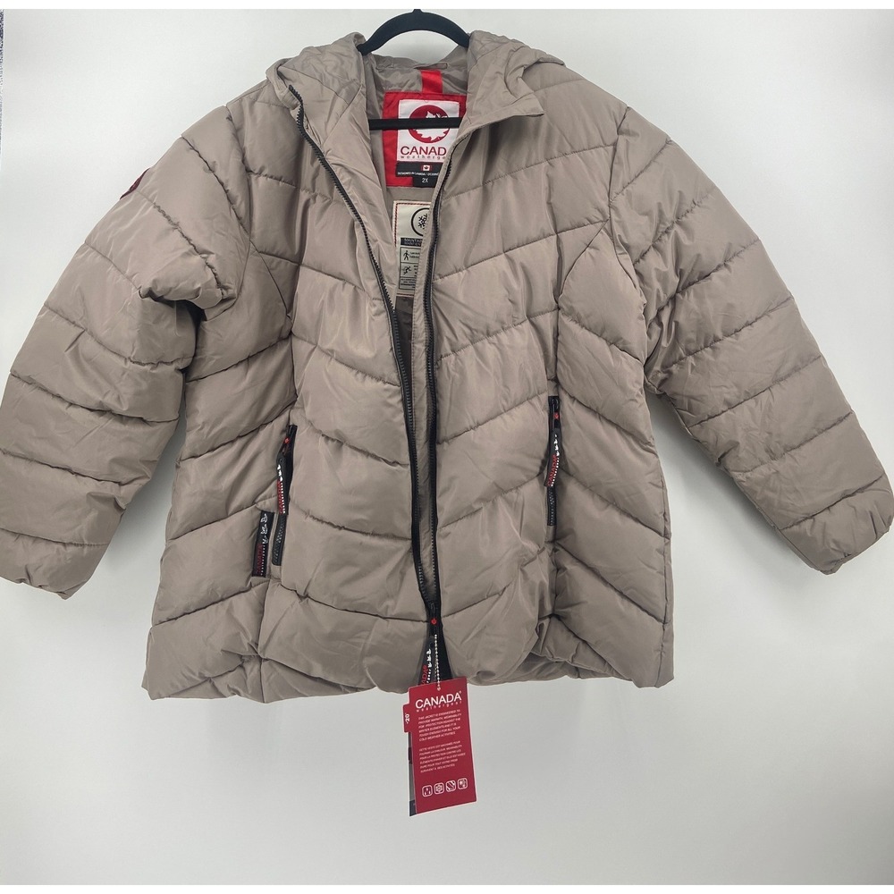 Canada Weathergear Womens 3X Taupe Chevron Puffer Jacket Hooded Winter Coat NWT